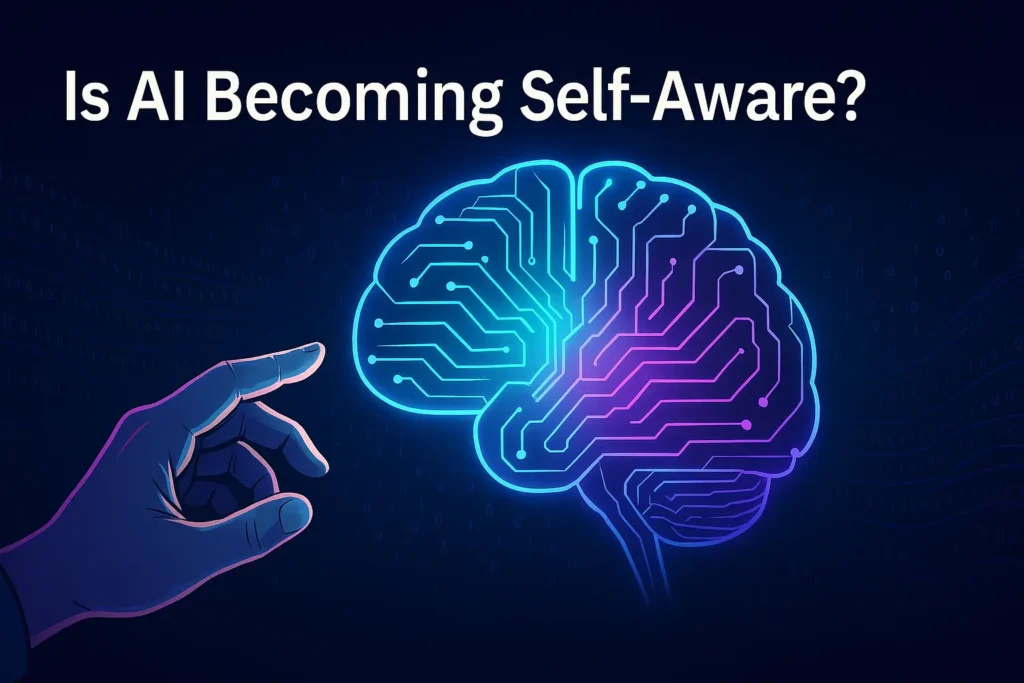 A human hand reaching toward a glowing digital brain, symbolizing the connection between humans and artificial intelligence.