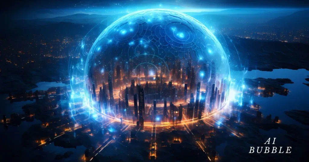 A glowing digital bubble filled with neural network patterns hovering above a futuristic city skyline, symbolizing the rising hype of artificial intelligence.