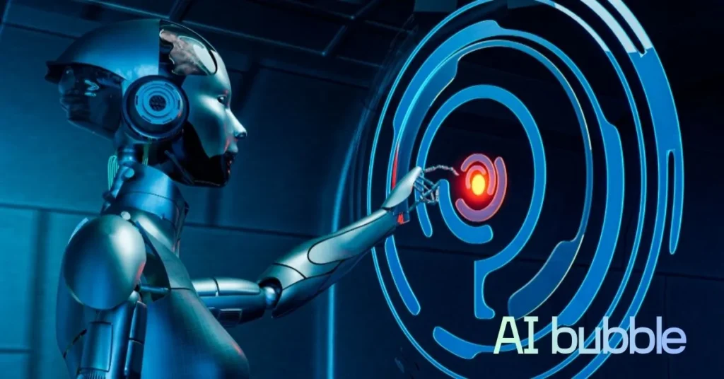 A close-up of a bubble bursting into particles of code and light, representing the potential collapse of AI market hype.