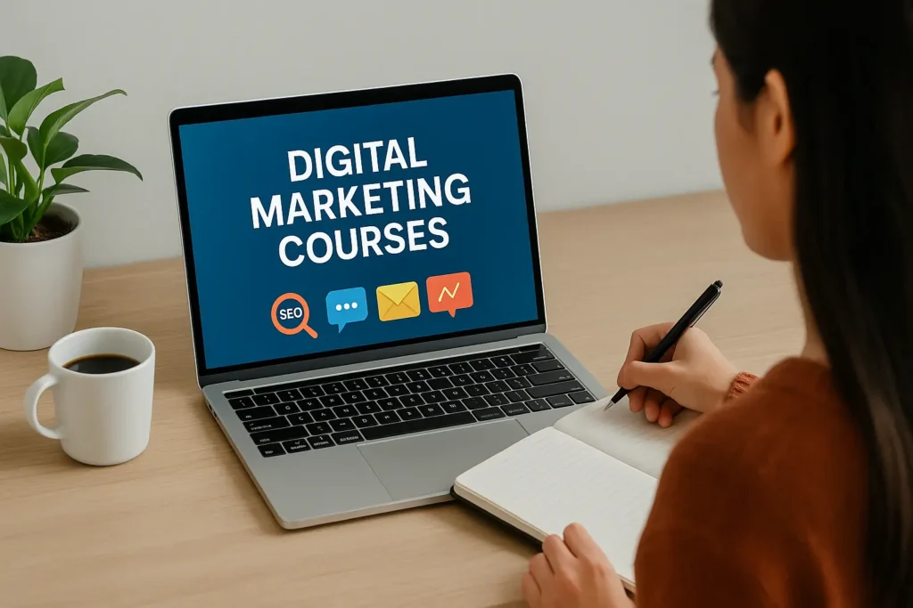 Young woman studying digital marketing online using laptop and notes spread on a desk.
