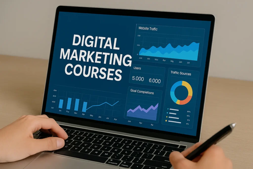 Person analyzing website traffic graphs and campaign metrics on a computer screen.