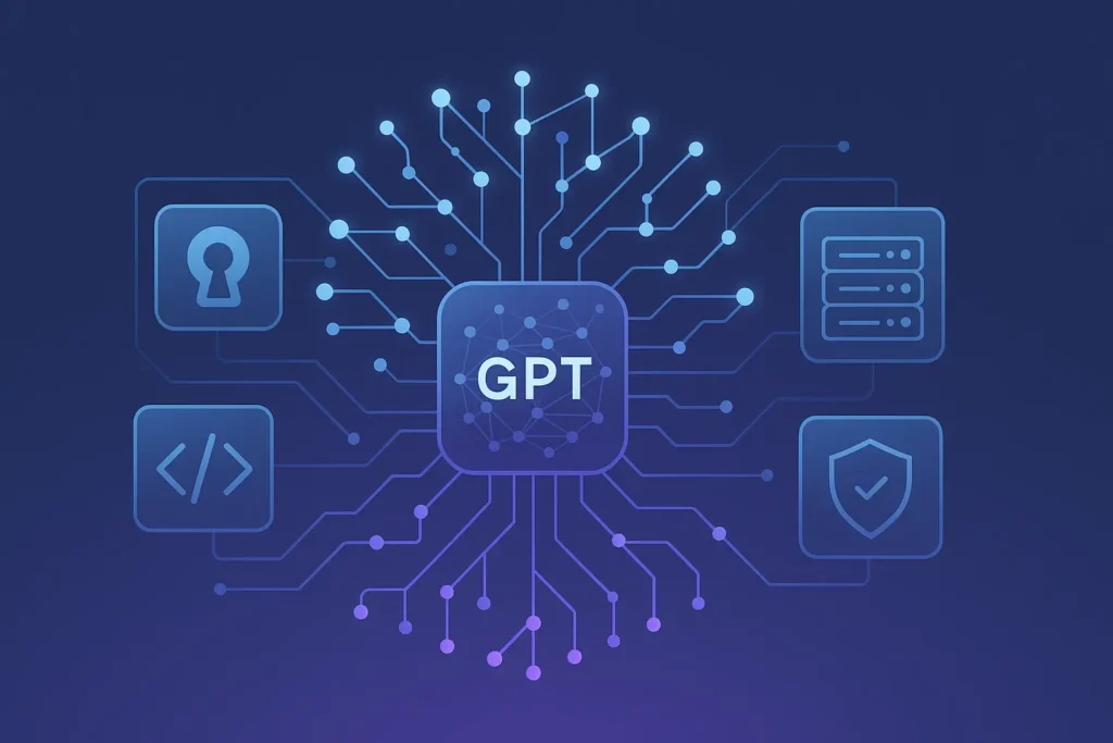 A futuristic digital illustration of a GPT neural network with glowing blue and purple nodes, surrounded by open-source, server, and security icons on a dark gradient background.