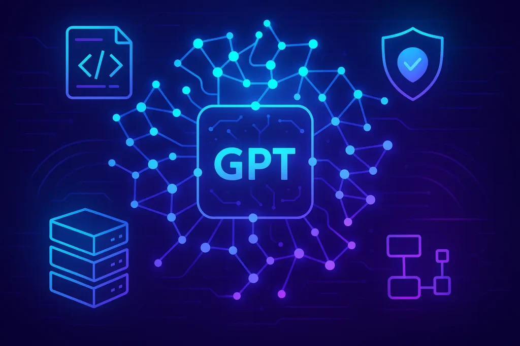 A modern open-source AI concept art showing interconnected neural pathways forming a GPT model, highlighted with neon blue and violet lighting and tech icons.