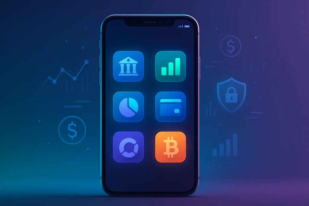 Smartphone displaying glowing fintech app icons for banking, investing, payments, and crypto on a futuristic blue-purple background