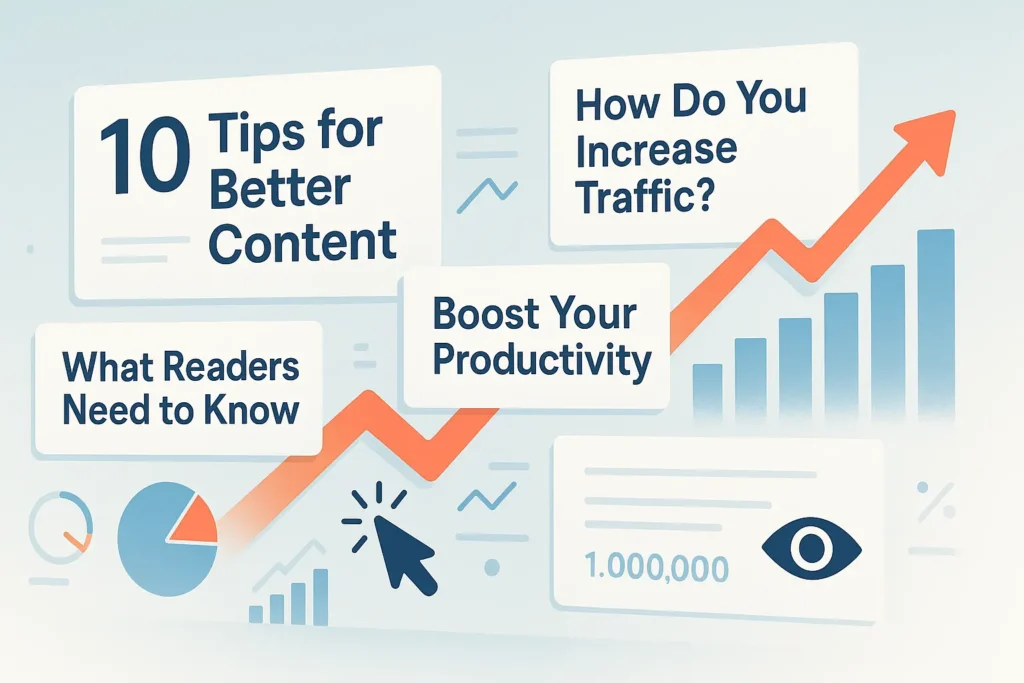 “Modern digital illustration of content headlines with performance metrics, clicks, and upward graphs symbolizing SEO-driven headline success.”
