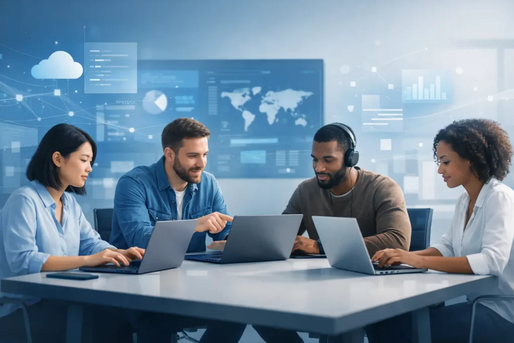 “Diverse tech professionals collaborating on laptops with digital dashboards and cloud technology visuals in a modern workspace.”