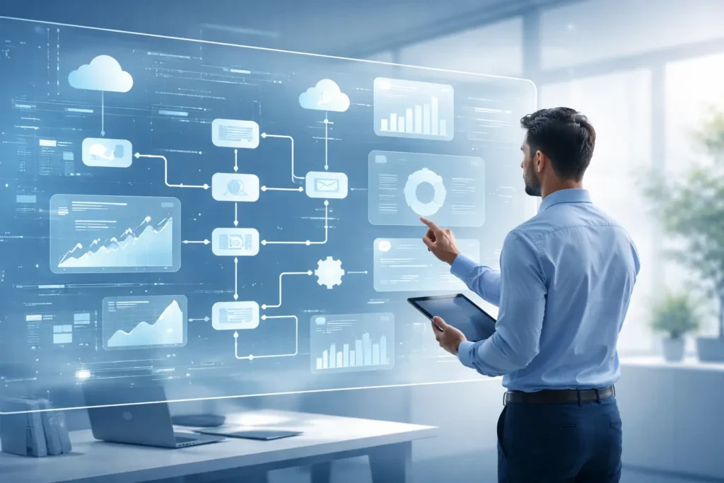 “Business professional analyzing digital workflows and cloud integrations on a transparent screen in a modern office setting.”