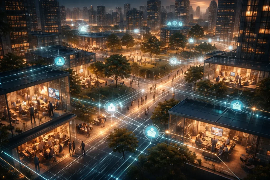 Aerial view of a city connected by glowing data lines and algorithmic networks guiding human activity, illustrating the societal influence of invisible digital systems.