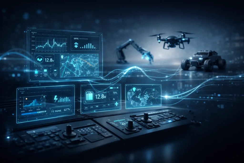 Futuristic technology RC control dashboard managing a drone, robotic arm, and smart vehicle with live telemetry data.
