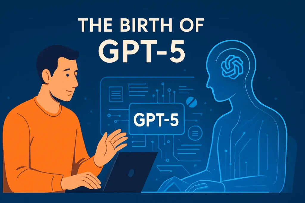 Human and AI collaborating over a holographic interface to represent GPT-5’s enhanced capabilities.