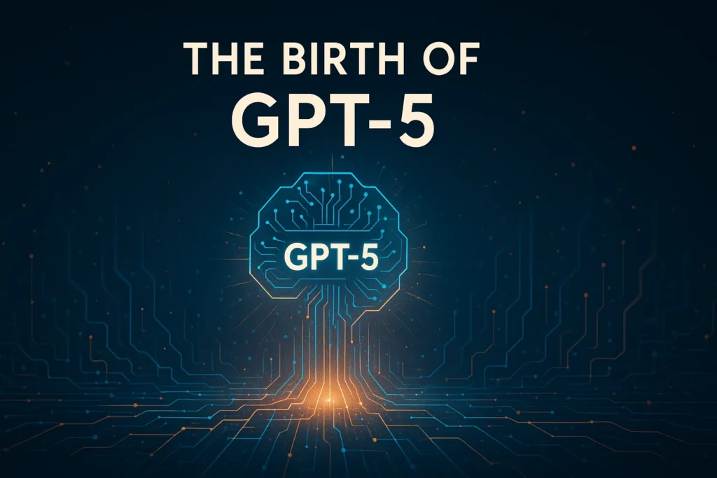 Illustration of an advanced AI model emerging from a glowing digital network representing the birth of GPT-5.