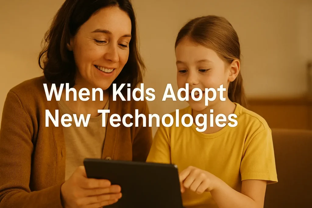 Child exploring a tablet with a parent, symbolizing kids adopting new technology at home.