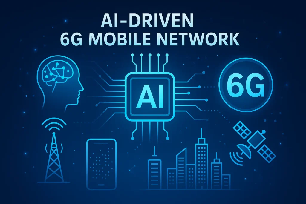 Digital illustration of an AI-driven 6G mobile network showing AI chip, 6G icon, wireless tower, satellite, smartphone, and smart city.