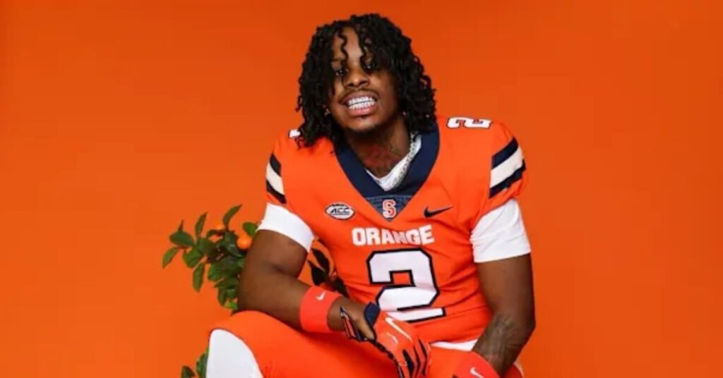 A recruitment graphic image featuring rapper Toosii in football gear, highlighting his transition to playing college football.