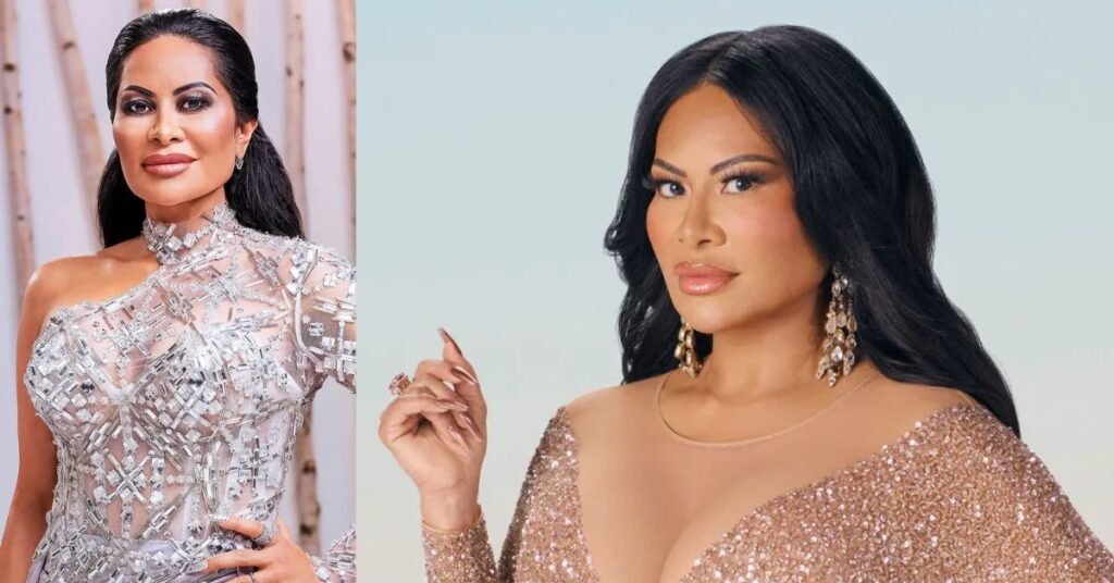 “Jen Shah posing against a light gradient background, wearing a rose-gold sequined gown with long sleeves, statement dangling earrings, and styled black hair, looking confidently toward the camera.”