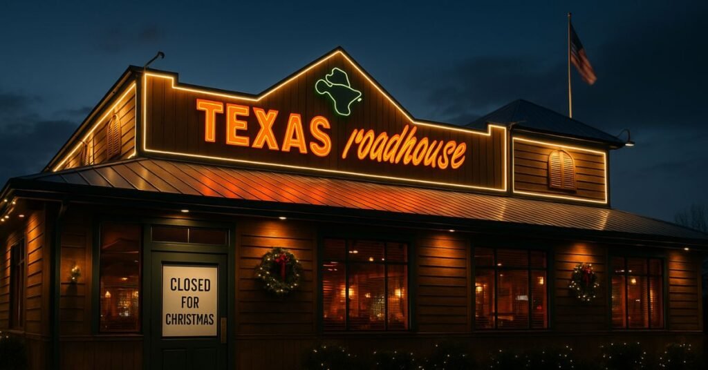 Texas Roadhouse restaurant exterior during holiday season