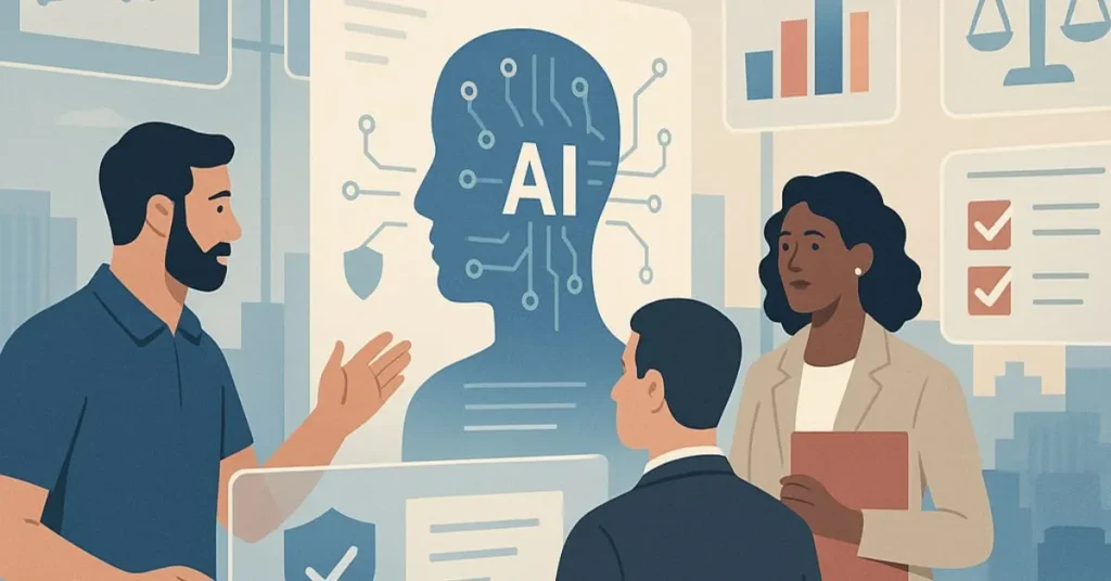 Professionals reviewing an AI system with compliance dashboards and regulatory symbols in a modern office setting