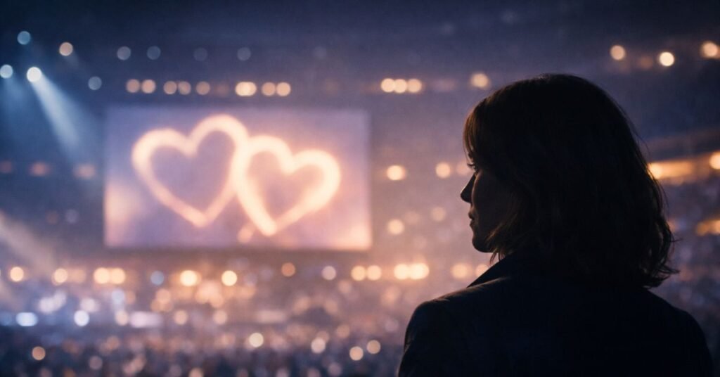 Cinematic illustration of a woman in silhouette at a nighttime concert stadium, with glowing heart lights on a large screen and a blurred crowd in the background.