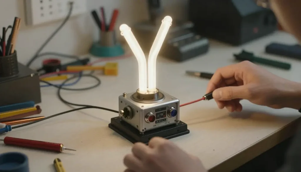 "DIY flux capacitor replica on a workbench with tools, LED lights, and glowing Y-shaped tubes in a photorealistic workshop setup."