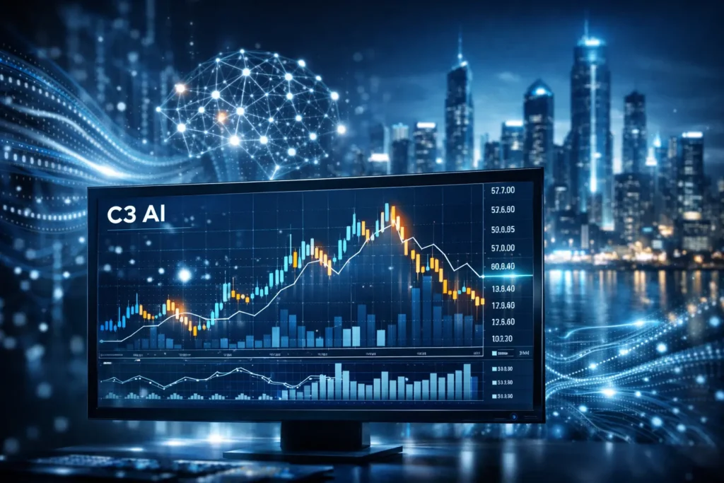 C3 AI stock price visualization showing a volatile upward and downward market chart with futuristic AI data networks and a modern city skyline in the background.