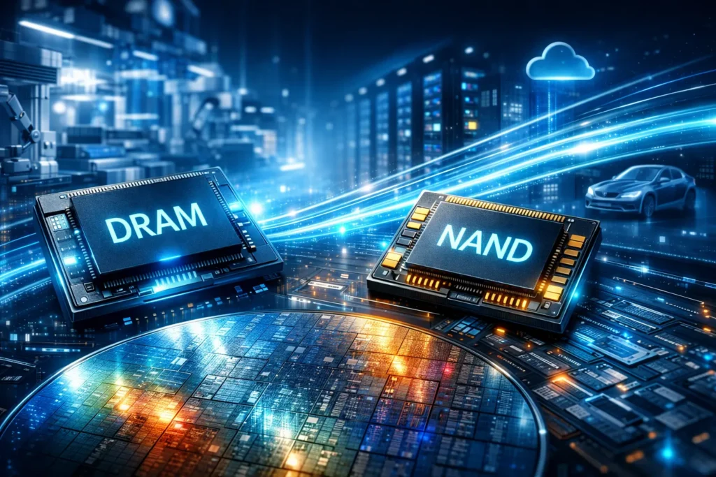 Micron Technology memory chips showcasing DRAM and NAND powering AI, cloud computing, and data centers
