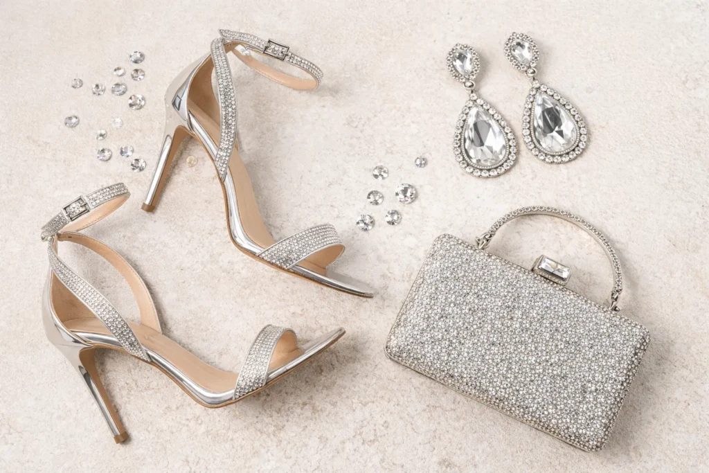 A flat-lay of accessories including silver heels, a clutch, and earrings to style with a Babyboo Fashion outfit."