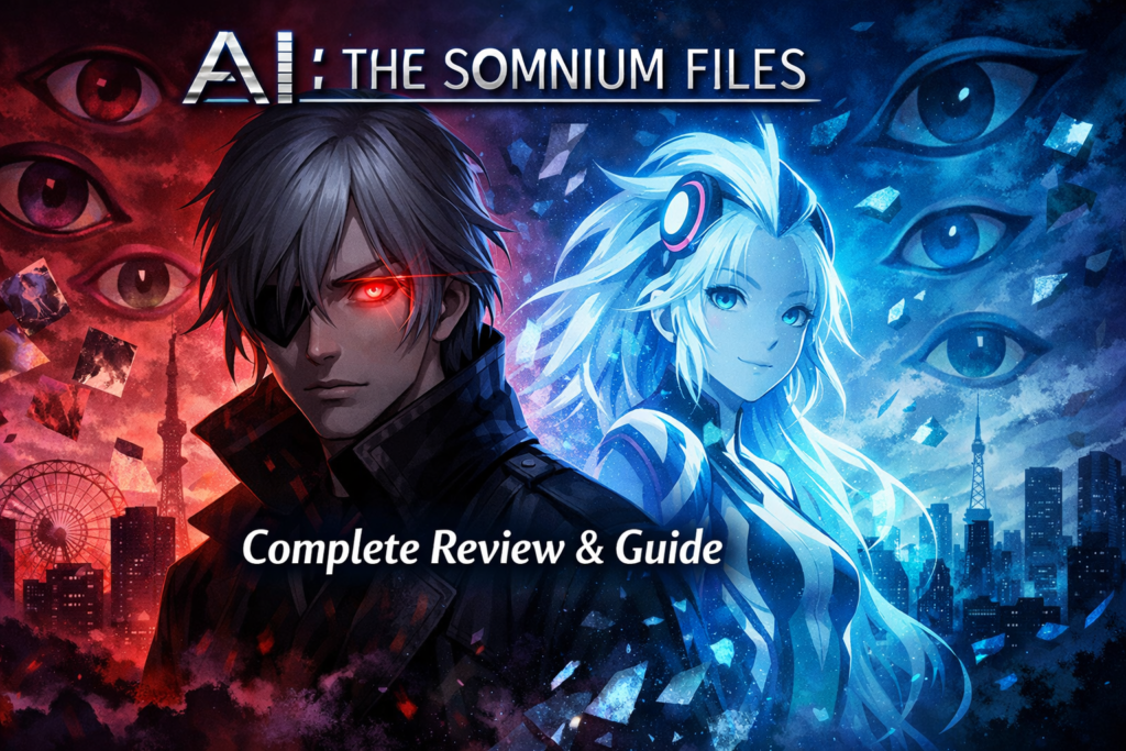 AI: The Somnium Files featured image showing detective Kaname Date in dark noir lighting with his glowing red artificial eye on the left, and his AI partner Aiba as a blue hologram on the right, set against a surreal dreamscape with floating eyes and a Tokyo cityscape background.