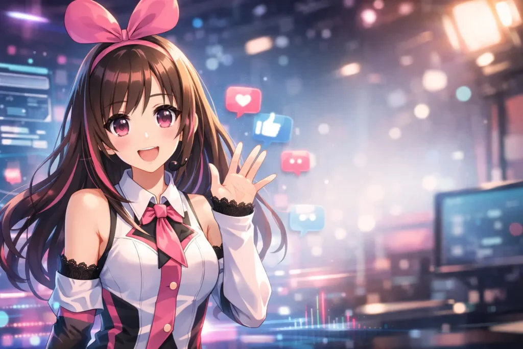 Kizuna AI virtual YouTuber smiling and waving in a futuristic digital studio with holographic social media icons.