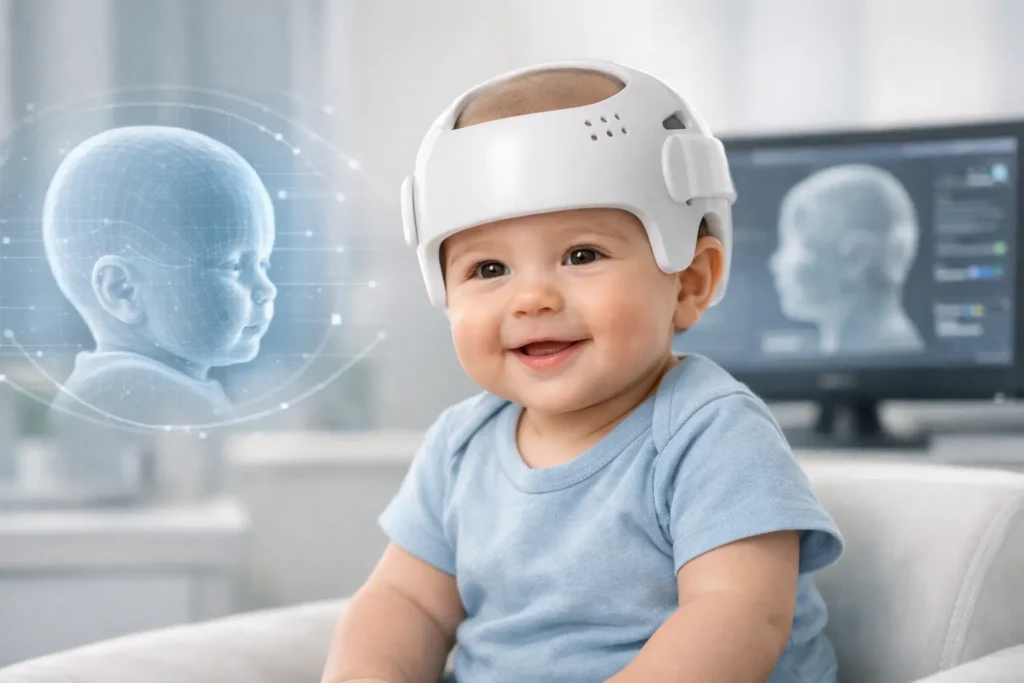 Infant wearing a cranial remolding helmet in a modern pediatric clinic, illustrating advanced cranial technology for head shape correction