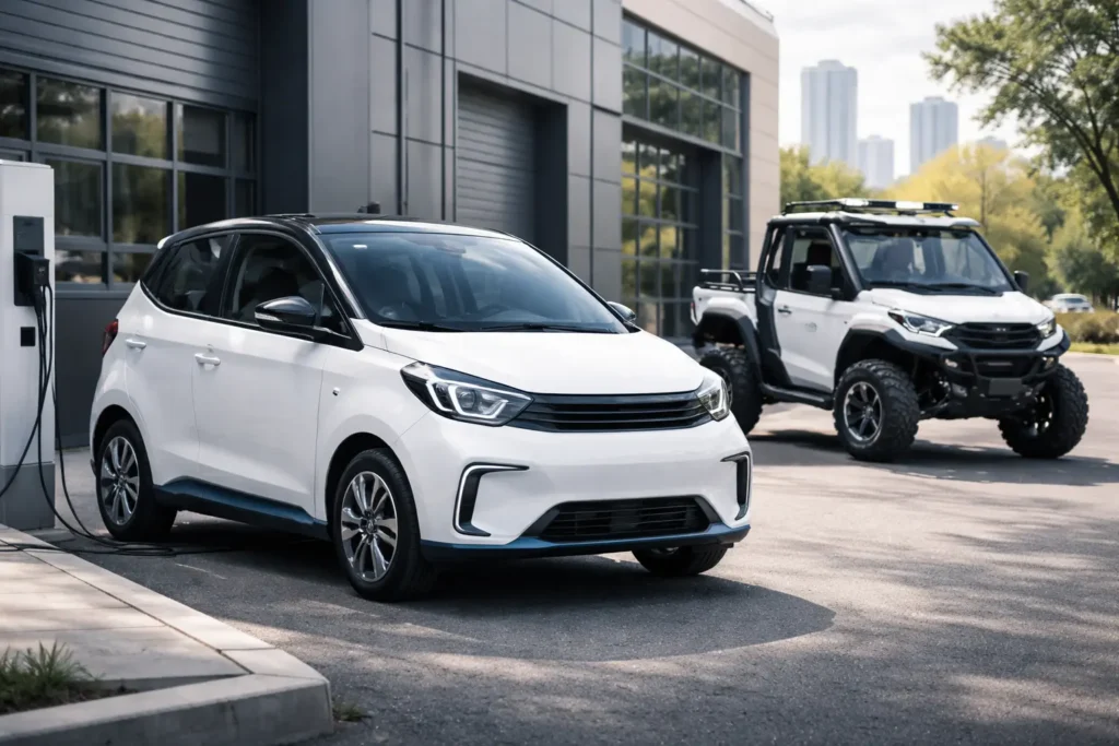 Kandi Technology electric vehicles displayed in a real-world urban charging environment