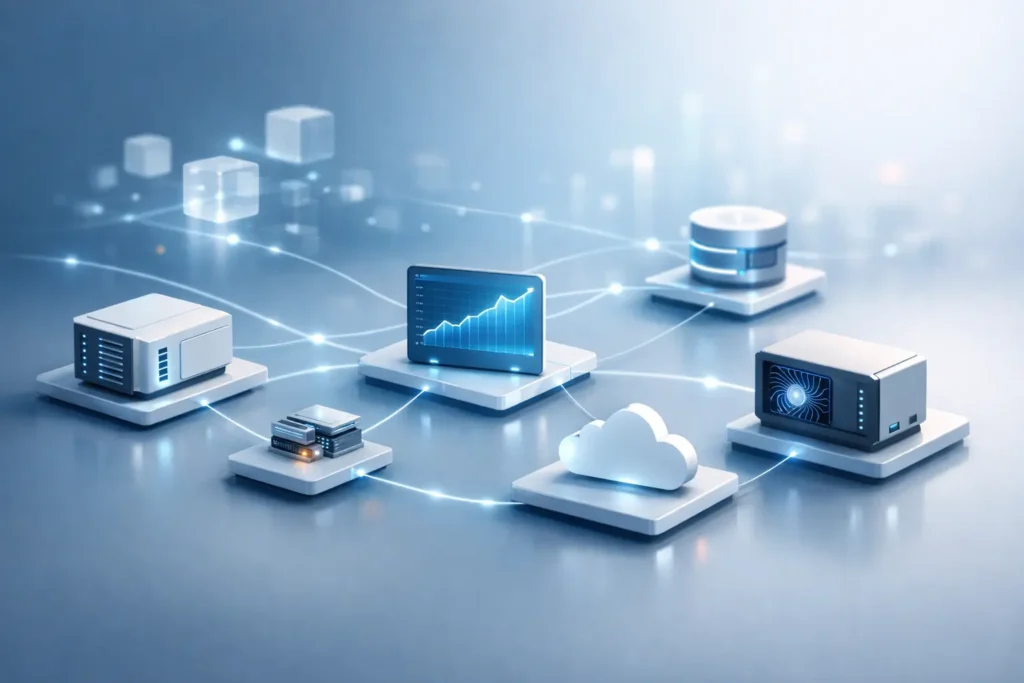 Lyte technology illustration showing lightweight modular digital components connected by glowing data lines in a modern cloud-based system architecture.
