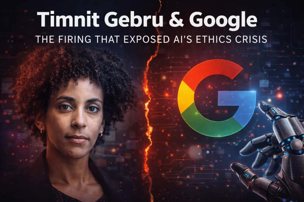 Timnit Gebru and Google illustrated in a split image highlighting her firing and the broader AI ethics crisis in Big Tech.