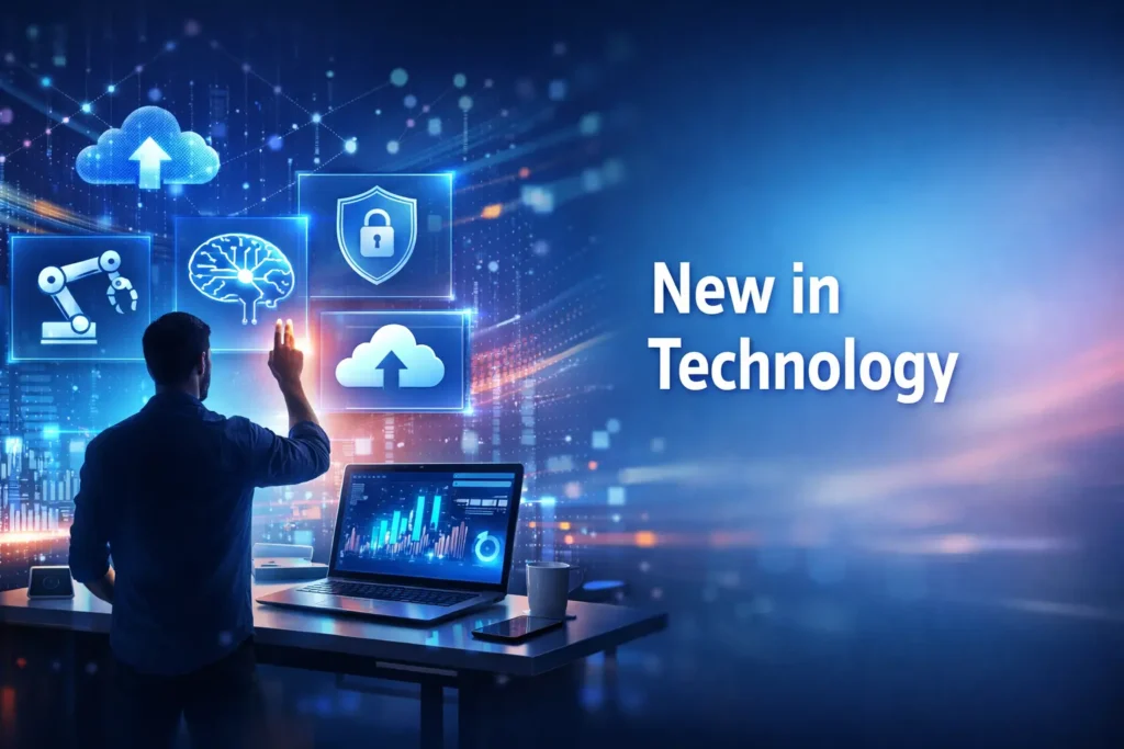 Students collaborating on the Illinois Institute of Technology campus with modern architecture and the Chicago skyline at sunset.