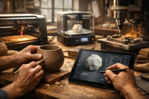 Artisan workspace showcasing craft design technology, blending hands-on craftsmanship with digital tools like tablets, 3D models, and modern fabrication equipment.