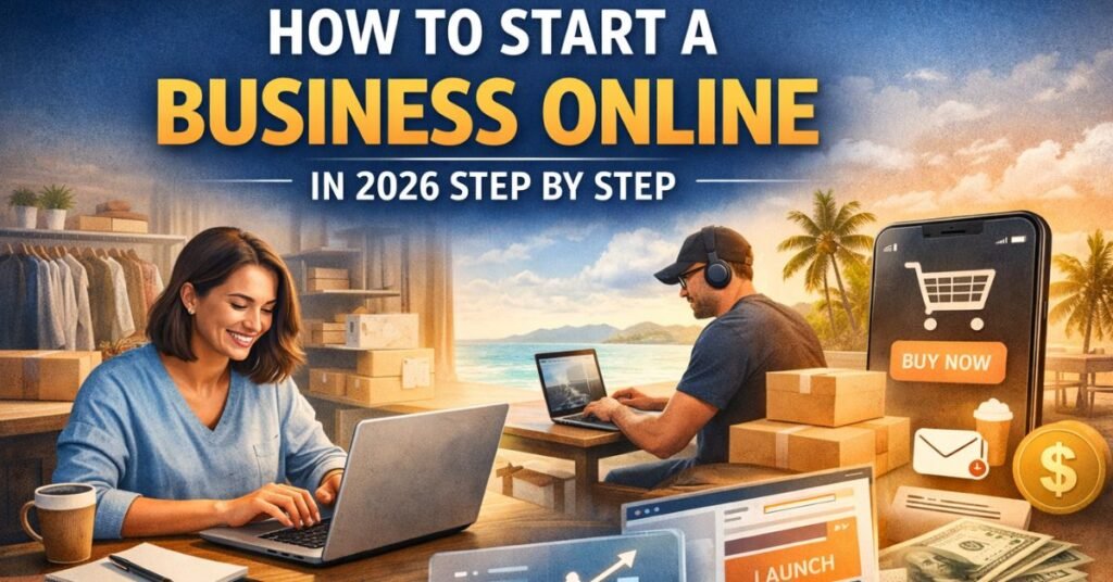 How to start a business online in 2026 step by step showing entrepreneurs working on laptops, ecommerce tools, online sales growth, and digital income concepts