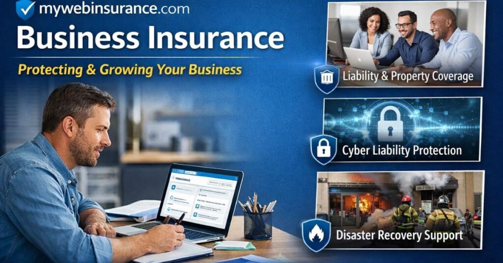 mywebinsurance.com business insurance featured image showing a business owner reviewing insurance coverage options to protect and grow a company