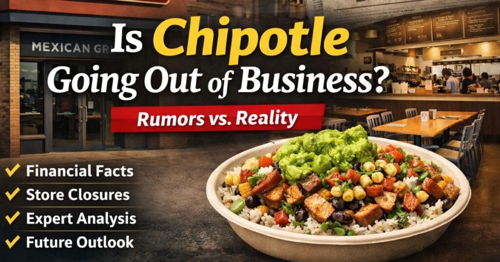 Is Chipotle going out of business featured image showing Chipotle restaurant exterior, interior, and a burrito bowl with rumors vs reality concept