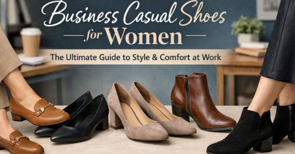 Business casual shoes for women displayed in a modern office setting, featuring loafers, block-heel pumps, and ankle boots in neutral tones.