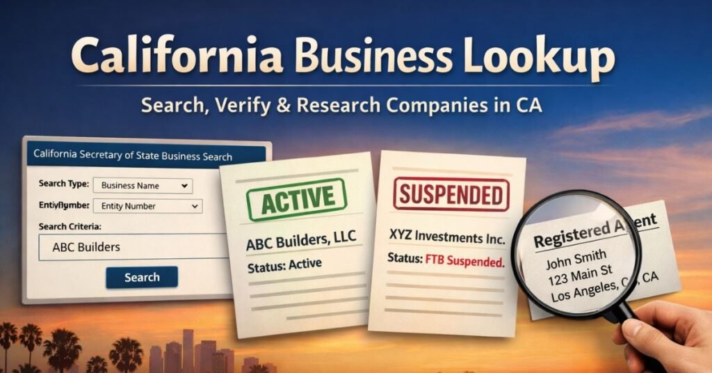 “California business lookup graphic showing Secretary of State business search, active and suspended company status, and registered agent details.”