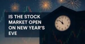 “Is the stock market open on New Year’s Eve text over a clock nearing midnight, with stock chart lines and fireworks in the background, symbolizing year-end market trading.”