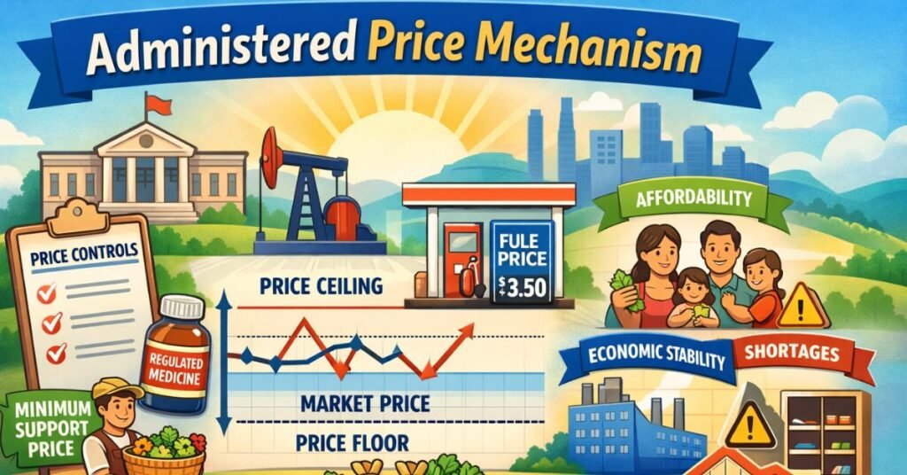 Administered price mechanism illustration showing government price controls, fuel pricing, minimum support price for farmers, subsidies, and market price ceilings.