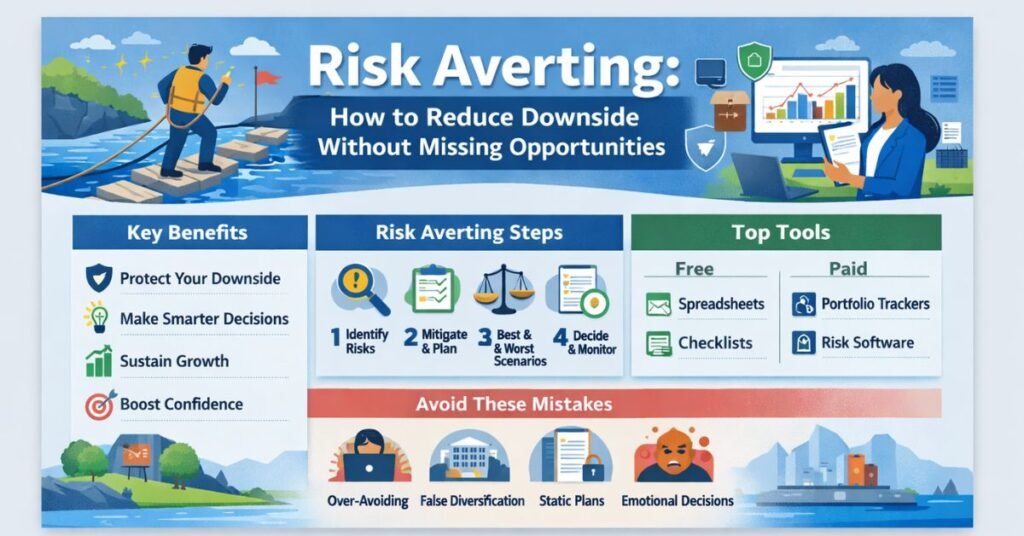 Infographic titled “Risk Averting: How to Reduce Downside Without Missing Opportunities,” showing risk management concepts, step-by-step risk averting process, benefits, tools, and common mistakes with financial and decision-making illustrations