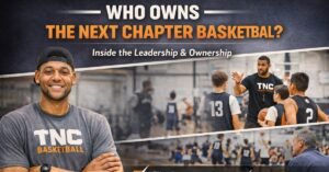 Who owns The Next Chapter Basketball featured image showing Justin Jackson with youth basketball players and coaches during training