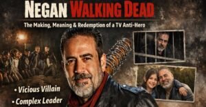 “Negan from The Walking Dead holding Lucille, showing his transformation from brutal villain to complex anti-hero.”