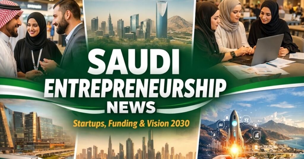 Saudi entrepreneurship news banner showing startups, Riyadh skyline, Vision 2030 innovation, and Saudi entrepreneurs collaborating