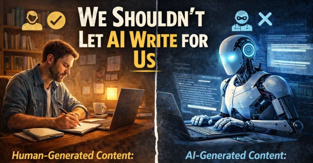 “Split-screen illustration showing a human writer working thoughtfully in a warm, book-filled workspace contrasted with a humanoid AI typing in a cold, digital environment, highlighting the difference between human-generated content and AI-generated content in terms of trust and authenticity.”