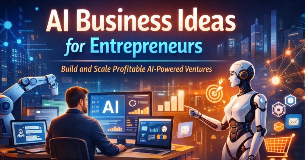 AI business ideas for entrepreneurs illustrated with a founder using AI dashboards, automation tools, and data analytics in a futuristic workspace