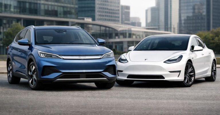 BYD electric vehicle and Tesla car shown side by side, representing shift in global EV sales leadership.