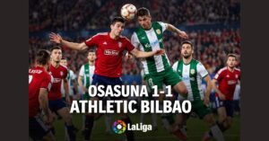 Osasuna and Athletic Bilbao players challenge for a header during a LaLiga match in Pamplona, with the score level at 1-1.