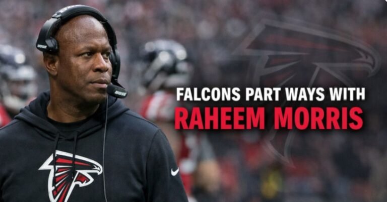 Raheem Morris stands on the Atlanta Falcons sideline wearing a headset during an NFL game, following the team’s decision to part ways with him as head coach.